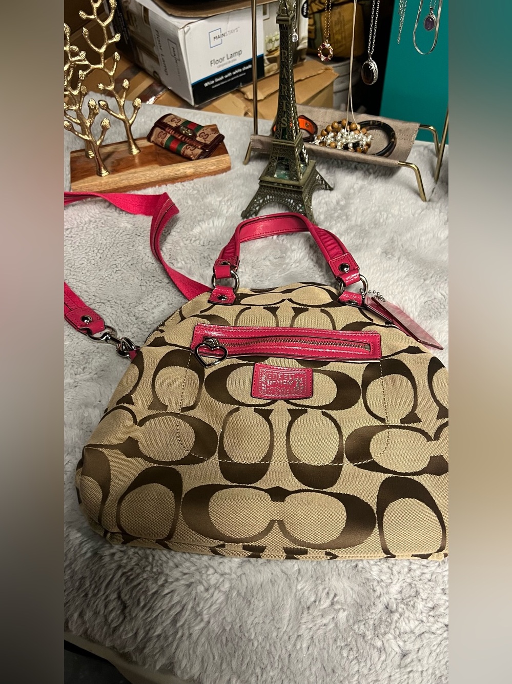 Coach Khaki Signature Canvas Crossbody with Pink Trim